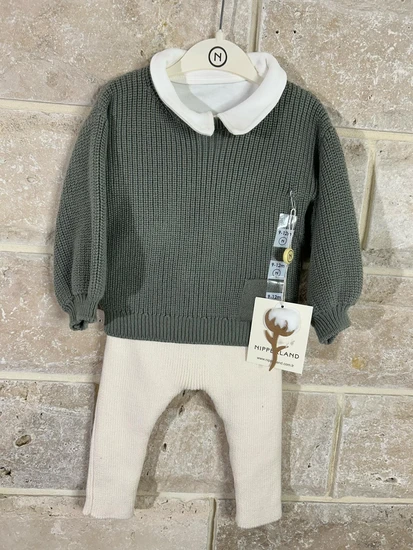 סט NIPPERLAND משני חלקים ירוק ולבן מצמר רך